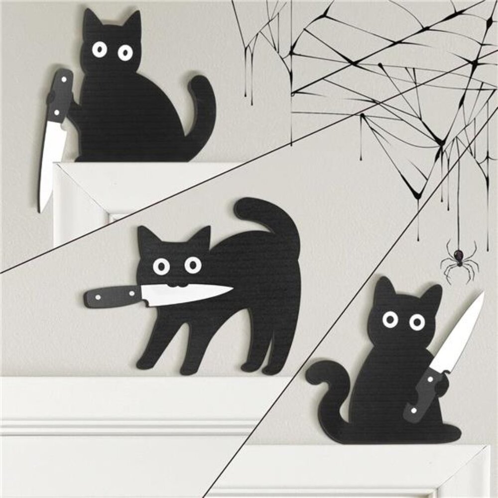 Black Cat Wall Decorations Set of 3 Spooky Wooden Cats